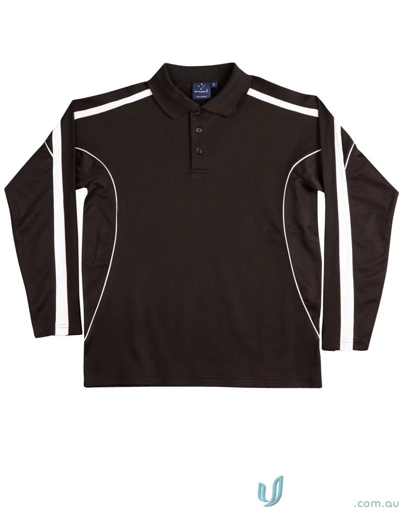 Kids TrueDry Legend LS Polo with black long sleeve and white stripes for fashion long sleeve style