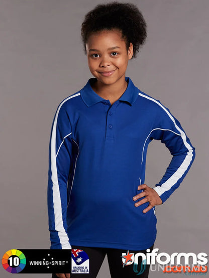 Kids TrueDry Legend LS Polo in blue, stylish long sleeve polo shirt for kids