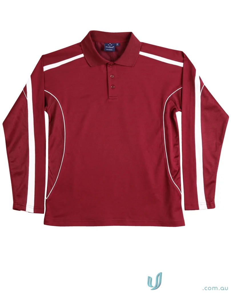 Kids TrueDry Legend LS Polo showing maroon long sleeve polo with white accents for fashion long sleeve style