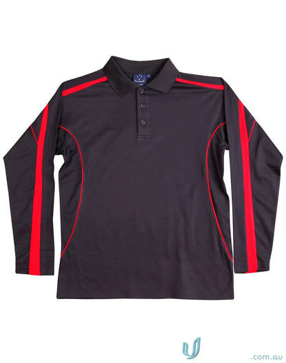 Kids TrueDry Legend LS Polo black long sleeve shirt with red accents for fashion long sleeve look