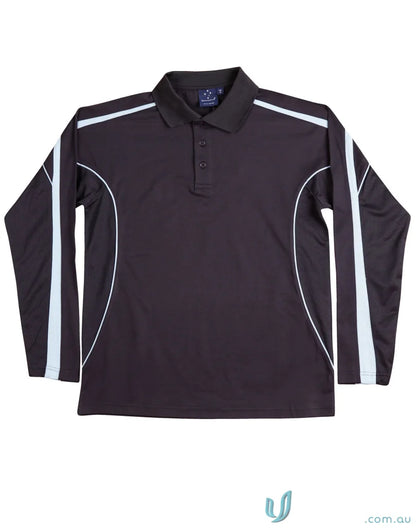 Kids TrueDry Legend LS Polo black long sleeve polo with white accents, perfect for fashion long sleeve shows