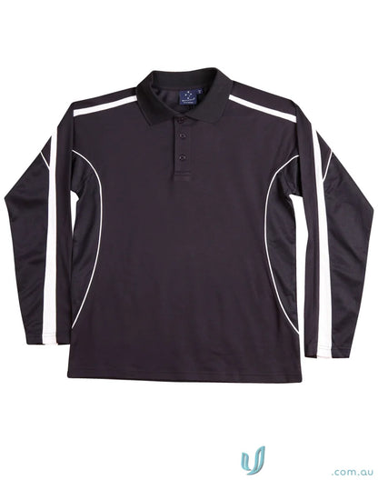 Kids TrueDry Legend LS Polo with black long sleeve and white accents, fashion long sleeve