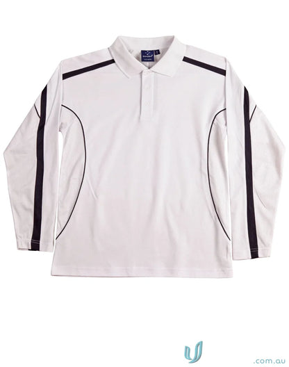 Kids TrueDry Legend LS Polo in white with black accents, a stylish long sleeve polo for kids