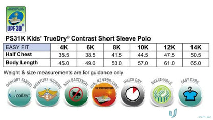 Kids TrueDry Winner contrast short sleeve polo size chart and features for team’s image