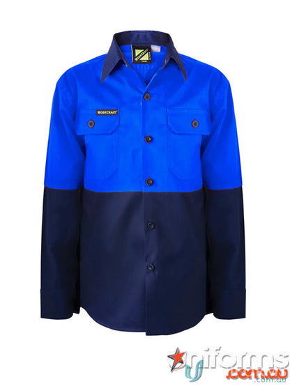 Kids Two Tone LS Shirt in two-tone blue cotton drill with reinforced stress points