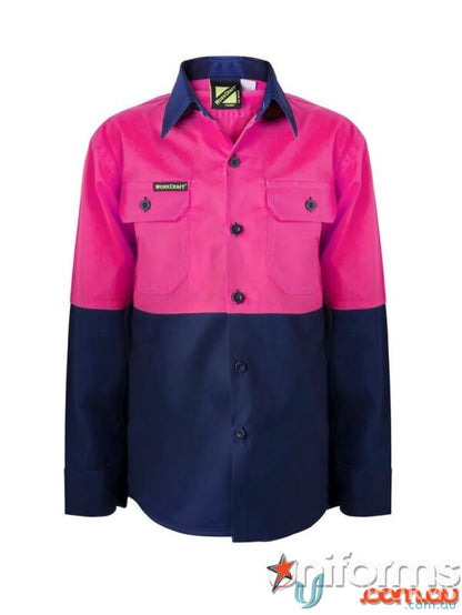 Pink and blue Kids Two Tone LS Shirt made from durable cotton drill with reinforced stress points