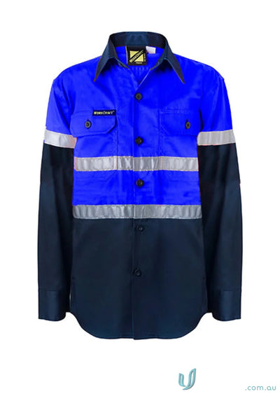 Kids two-tone shirt taped with blue, black fabric and reflective stripes for hi-vis safety