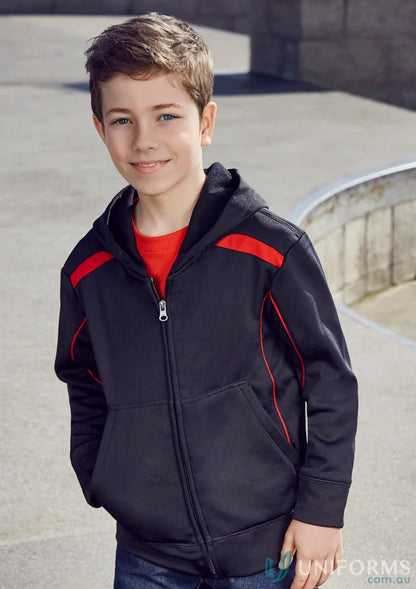 Kids United hoodie featuring a black hooded zip-up with stylish red accents