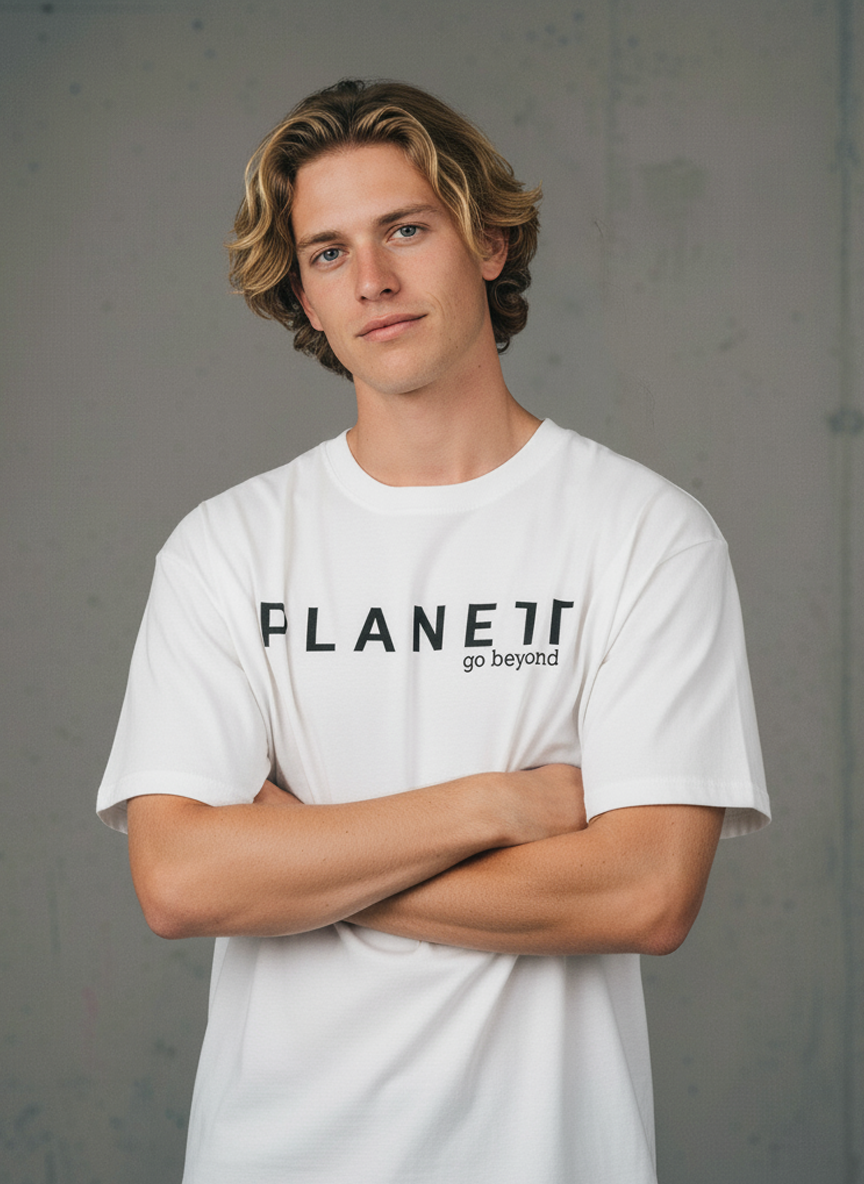 A young man with light brown, wavy hair wearing a white t-shirt with ’PLANET 77 go beyond’ written in black.