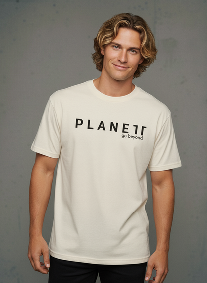 Men’s short-sleeve cream-colored t-shirt.