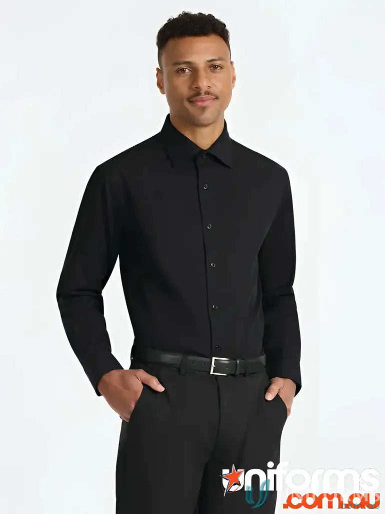 Black long-sleeved Kingston Long Sleeve Traveler Shirt in modern fit for men