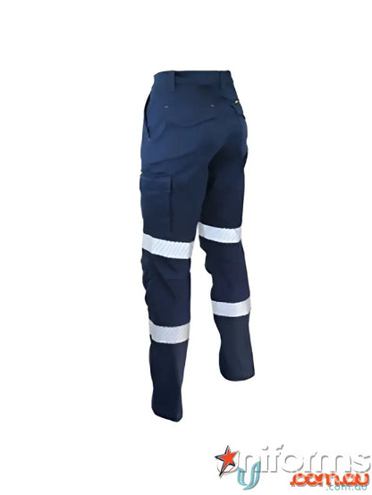 Navy blue segment taped cargo pants with slimflex cushioned knee pads and reflective stripes