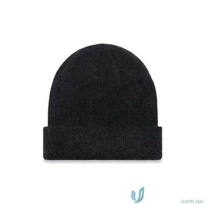 Dark gray knit beanie with ribbed knit style and longer body for warmth and style