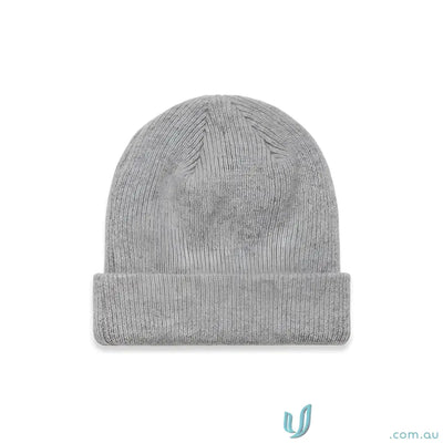Gray knit beanie with ribbed knit pattern and longer body for cozy warmth