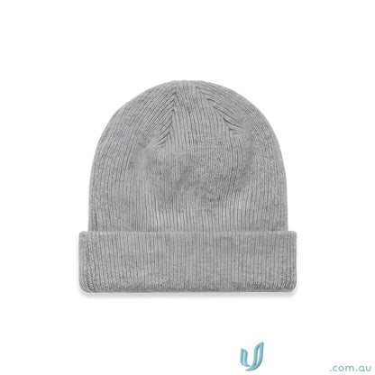 Gray knit beanie with ribbed knit pattern and longer body for cozy warmth