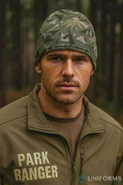 Man wearing green camouflage jbs knitted beanie and PARK RANGER jacket for style
