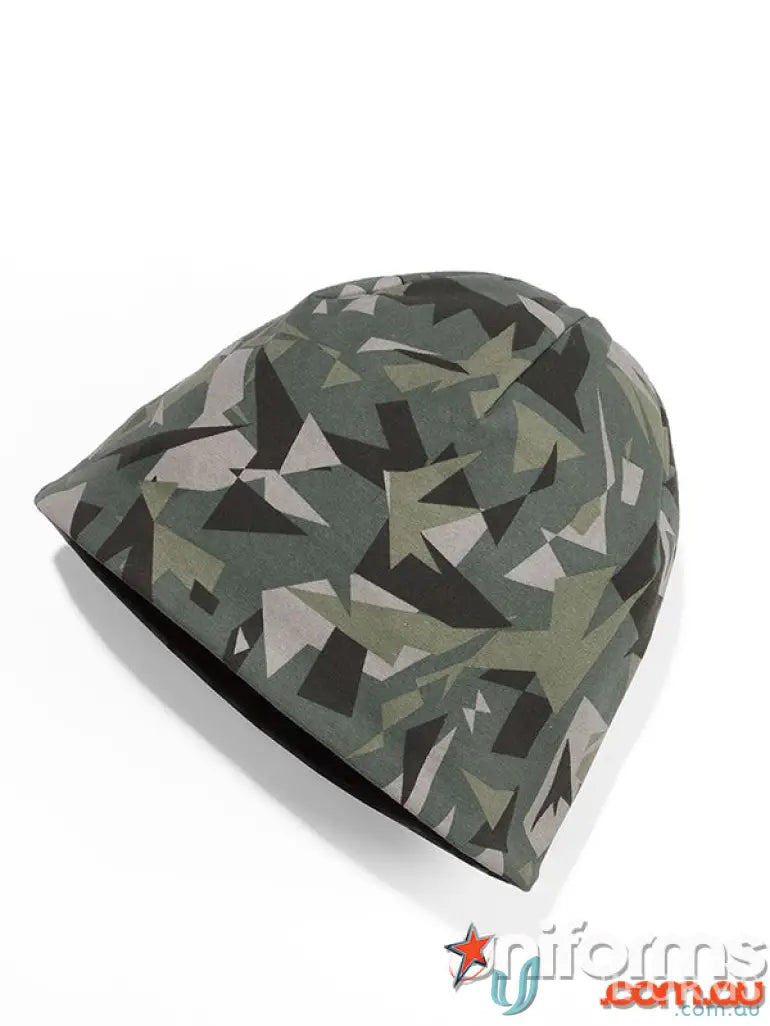 JBS Knitted Beanie with green, grey, and black geometric camouflage pattern