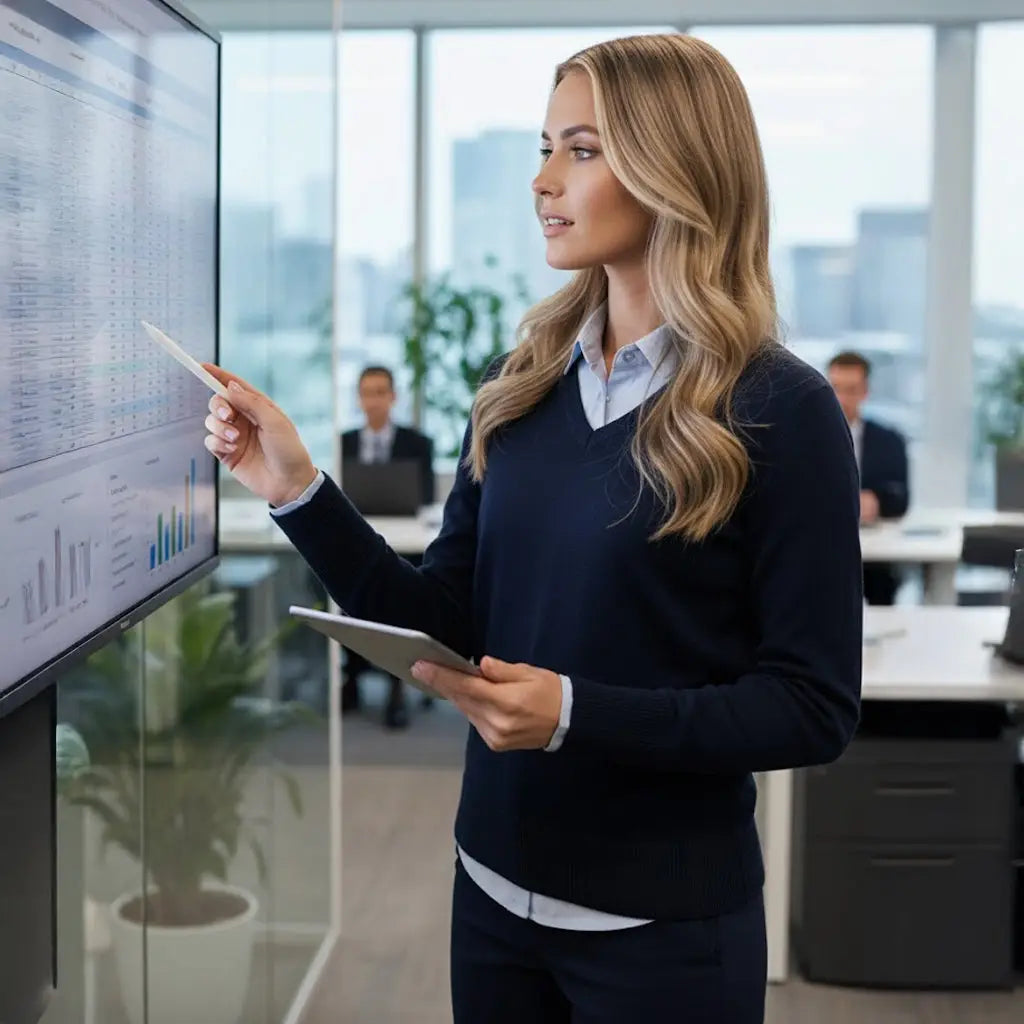 Woman in a modern office using a tablet and pointing at a large screen displaying data.