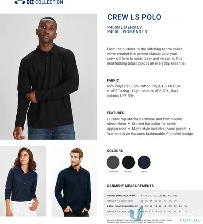 Krue LS Polo p400ml long sleeve polo men’s crew long with twin needle sleeve design