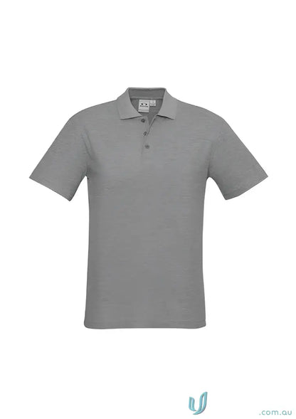 Gray short-sleeved polo shirt with durable top-stitched armholes and twin needle sleeves