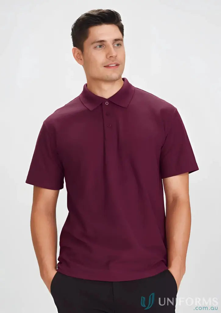 Maroon short-sleeved polo shirt with durable top-stitched armholes and twin needle sleeves