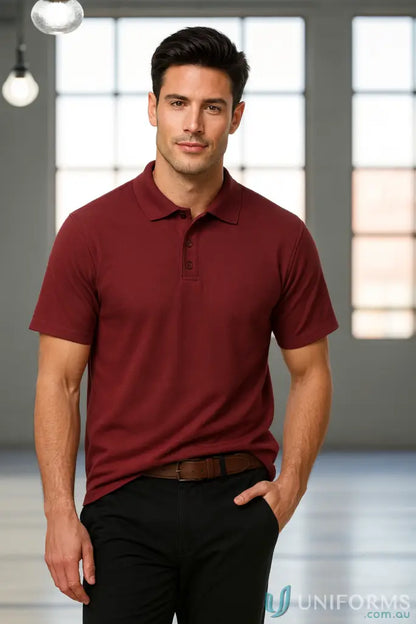 Men’s maroon Krue Polo with short sleeve, durable top-stitched armholes, twin needle sleeve