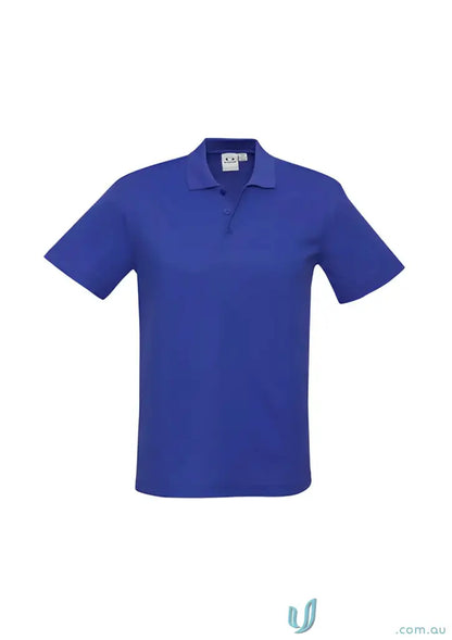 Blue short-sleeved polo shirt with durable top-stitched armholes and twin needle sleeves