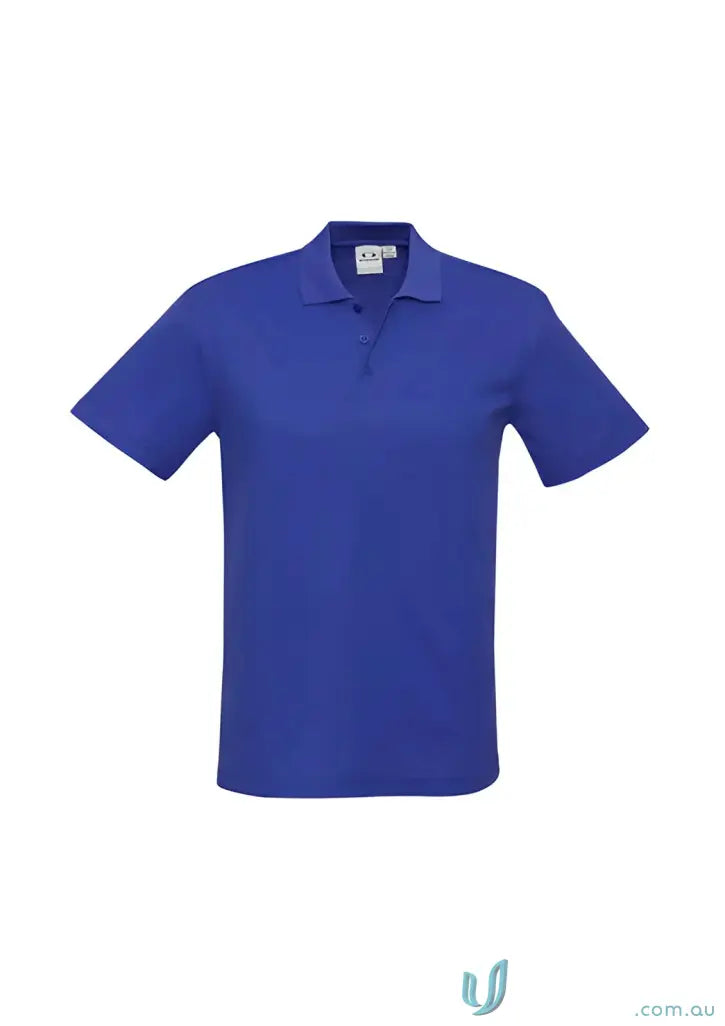 Blue short-sleeved polo shirt with durable top-stitched armholes and twin needle sleeves