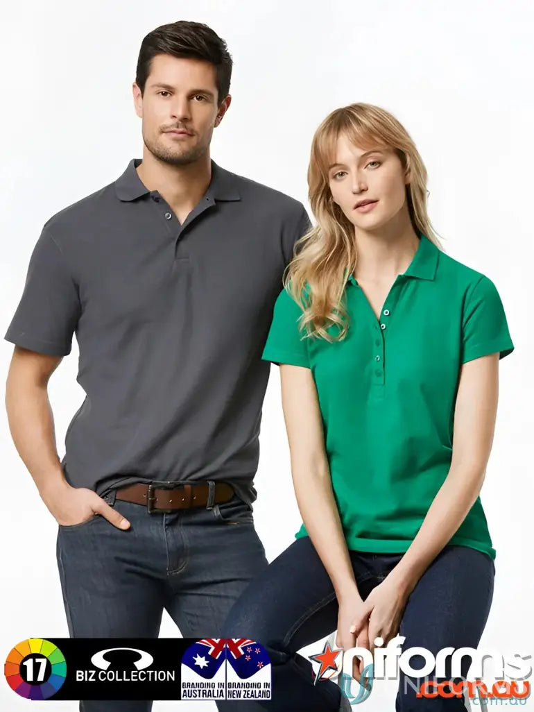 Two people wearing Krue Polo short sleeve polos with durable top-stitched armholes