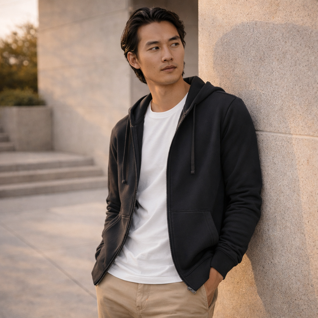 Krue Zip Hoodie black zip-up with drawstrings, front pockets sw762m biz