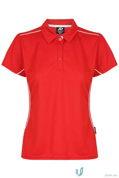 Red Kuranda Lady Polo shirt with white piping and ice hole mesh details