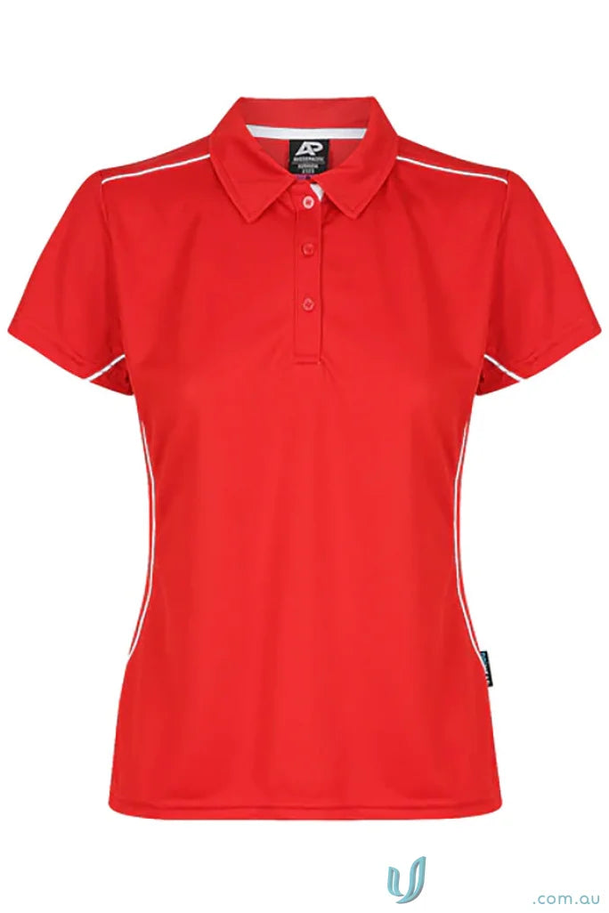 Red Kuranda Lady Polo shirt with white piping and ice hole mesh details