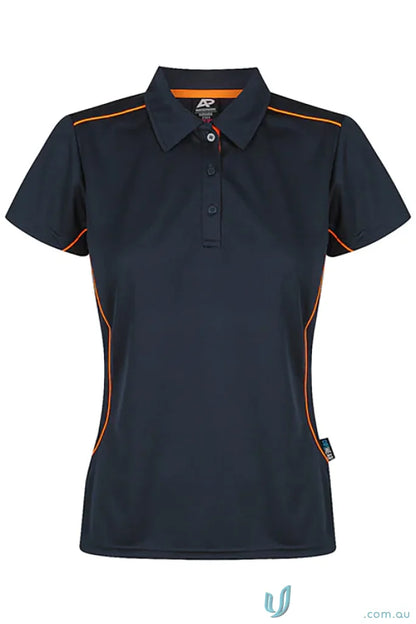 Kuranda Lady Polo with ice hole mesh in dark blue and orange piping for style