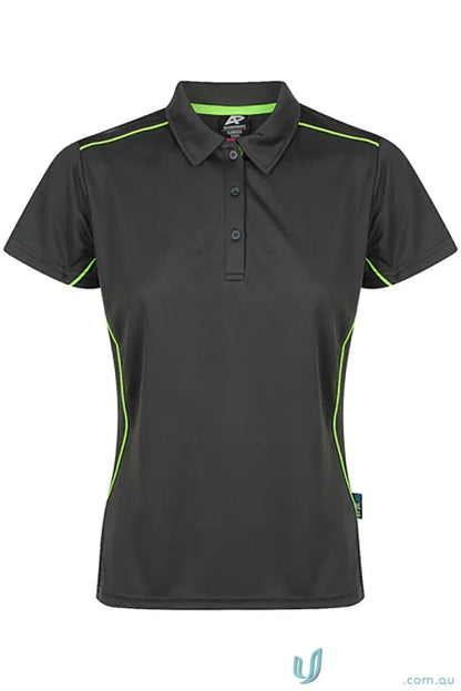 Kuranda Lady Polo with ice hole mesh, dark gray with neon green piping