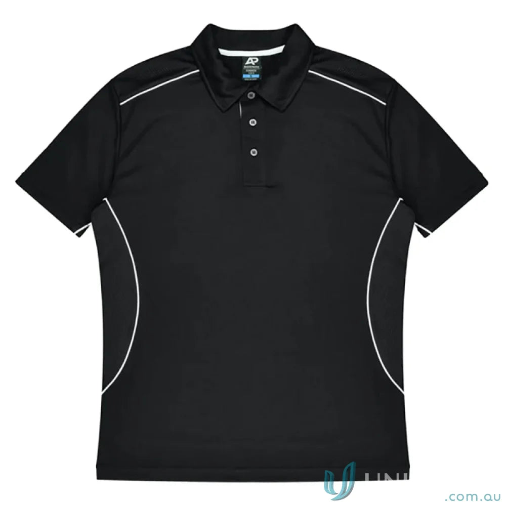 Kuranda Mens Polo black short-sleeved with white piping and ice hole mesh accents