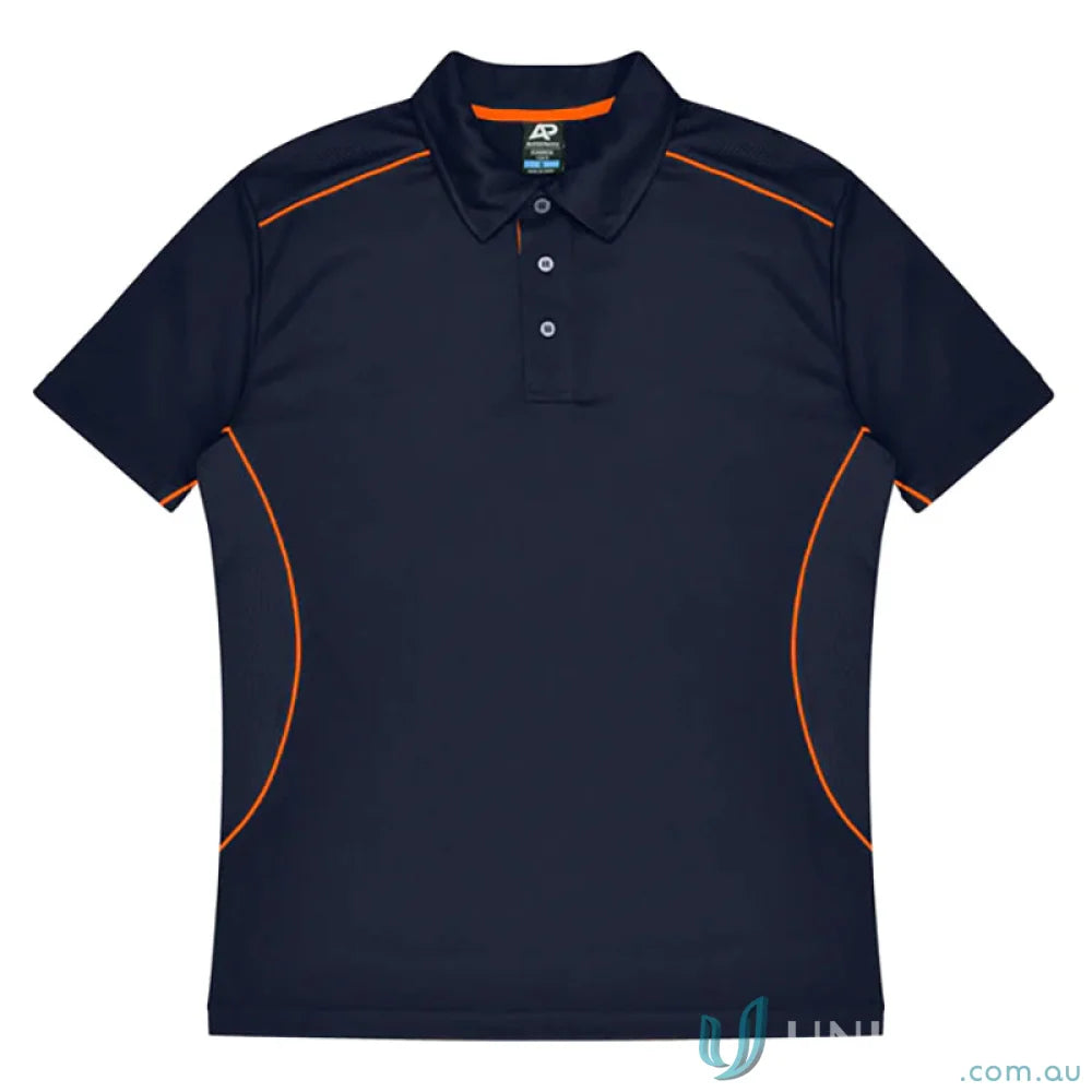 Kuranda Mens Polo navy blue short-sleeve shirt with orange ice hole mesh piping