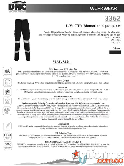 L/W CTN Biomotion Taped Work Pants with Reflective Tape for safety