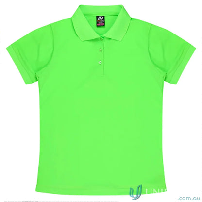Lachlan Lady Polo in lime green with knitted collar and honeycomb knit, perfect for uniforms