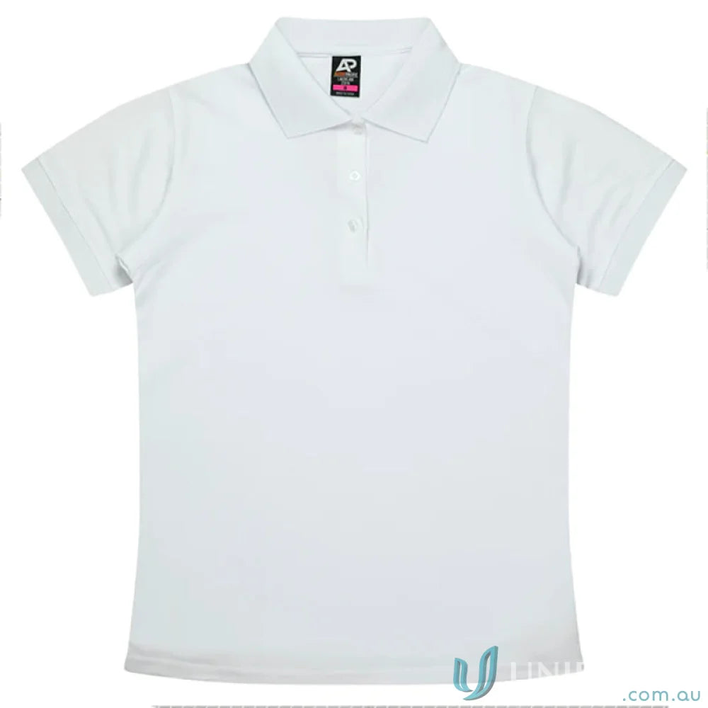 White Lachlan Lady Polo with knitted collar and honeycomb knit, perfect for uniforms