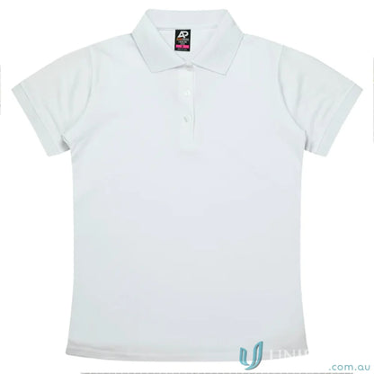 White Lachlan Lady Polo with knitted collar and honeycomb knit, perfect for uniforms