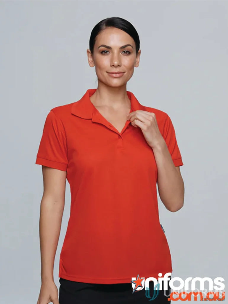 Woman in Lachlan Lady Polo with honeycomb knit collar, perfect for uniforms