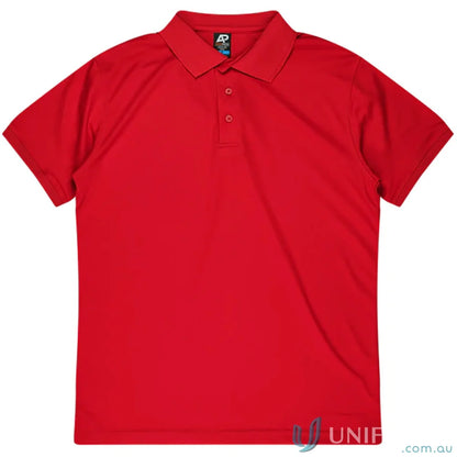 Lachlan Polo in vibrant red honeycomb knit with knitted collar and three-button placket