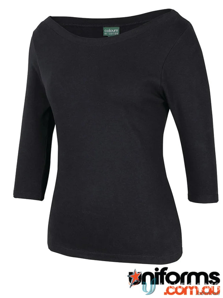 Black three-quarter sleeve boat neck tee perfect for uniforms and workwear