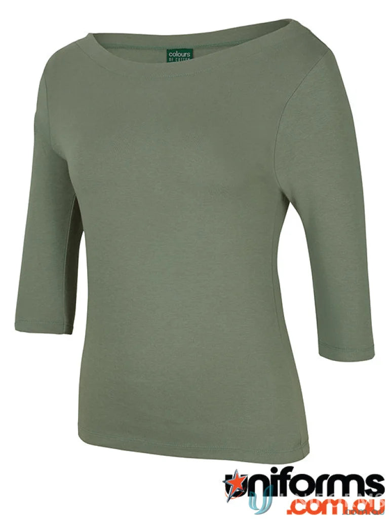 Olive green three-quarter sleeve Boat Neck Tee perfect for uniforms or workwear