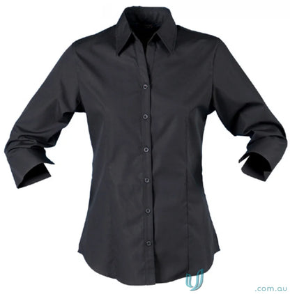 Ladies black button-down shirt ideal for uniforms and workwear looks