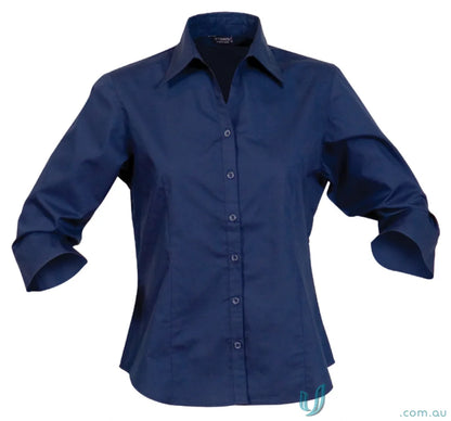 Ladies Navy Blue Button-Down Shirt for Workwear and Uniforms in the Ladies 3Qtr Nano Shirt