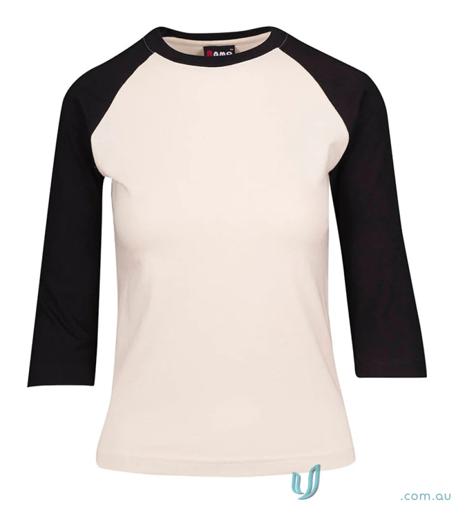 Ladies 3Qtr Raglan Tee with raglan sleeves, see sizing guide for the perfect fit