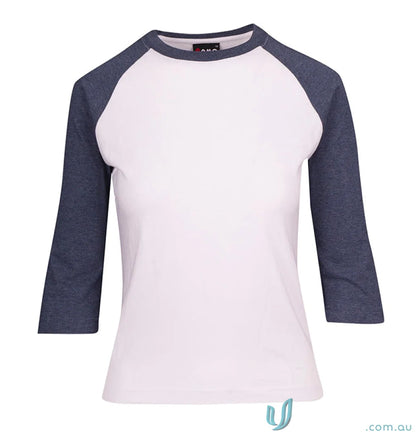 White and gray raglan sleeve shirt from Ladies 3Qtr Raglan Tee, check sizing guide size