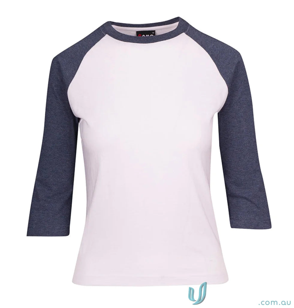 White and gray raglan sleeve shirt from Ladies 3Qtr Raglan Tee, check sizing guide size