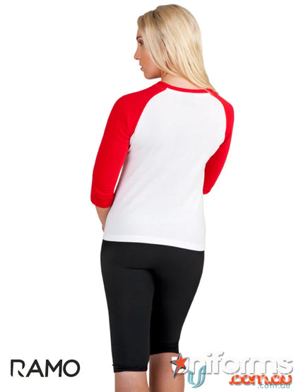 Woman wearing Ladies 3Qtr Raglan Tee with red and white design and black capri leggings